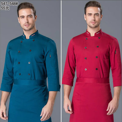 廚師服裝圖片紅色廚師長工作服藍色長袖