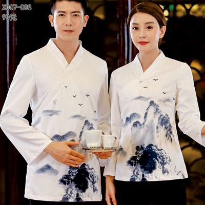 高级餐饮中国风服务员工作服定制工装白色